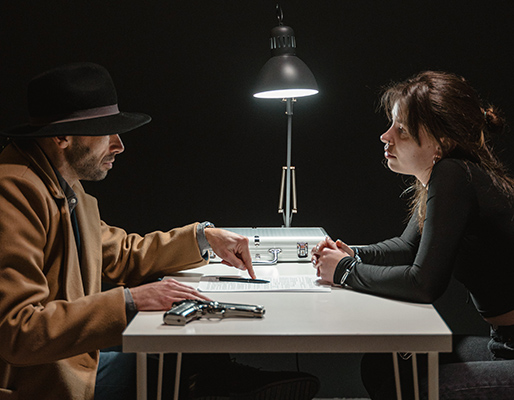 two people discuss a murder case